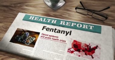Fentanil ağrı kesici opioid krizi gazetesi masada. Manşetler soyut kavram 3D.