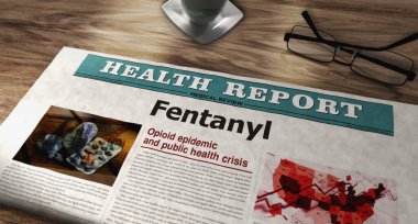 Fentanil ağrı kesici opioid krizi gazetesi masada. Haber başlıkları soyut kavram 3D illüstrasyon.