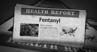 Fentanil ağrı kesici opioid krizi, klasik haberler ve gazete baskısı. Soyut konsept retro başlıklar 3d illüstrasyon.