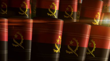 Angola petrol ham petrol varilleri sıra konseptinde. Angola petrol sanayi ve yakıt çıkarma sanayi konteynırları 3 boyutlu illüstrasyon.