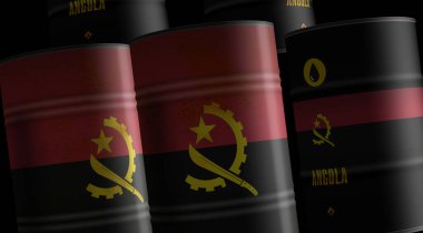 Angola petrol ham petrol varilleri sıra konseptinde. Angola petrol sanayi ve yakıt çıkarma sanayi konteynırları 3 boyutlu illüstrasyon.