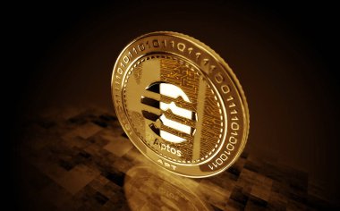 Poznan, Polonya, 1 Ağustos 2024: Aptos APT kripto para birimi yeşil ekran arka planında. Soyut konsept 3d illüstrasyon.