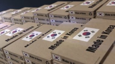 Kore yapımı kutu üretim hattı. Üretim ve teslimat. Ürün ithalatı ve ihracatı. Soyut konsept 3D döngüsüz dikişsiz animasyon.