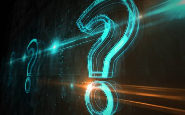 Soru işareti yardımı ve soru işareti dijital konsepti. Ağ, siber teknoloji işareti ve bilgisayar arkaplan soyut 3d resimleme.