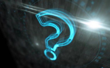 Soru işareti yardımı ve soru işareti dijital konsepti. Ağ, siber teknoloji işareti ve bilgisayar arkaplan soyut 3d resimleme.