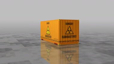 Liman terminali iş konseptinde radyoaktif nükleer atık konteynerleri. Atomik enerji sembolü endüstriyel nakliye kutusu 3D döngü ve kusursuz animasyon.