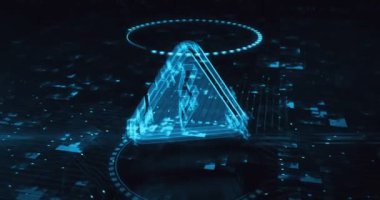 Elektrik enerjisi tehlike uyarısı ve enerji hologramı sembolü dijital arkaplanda görünüyor. Ağ, siber teknoloji ve bilgisayar soyut konsepti 3D animasyon.