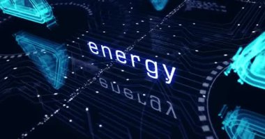 Elektrik enerjisi tehlike uyarısı ve enerji sembolü soyut siber kavram. Dijital teknoloji arka planı pürüzsüz ve döngüsel dinamik 3D animasyon.