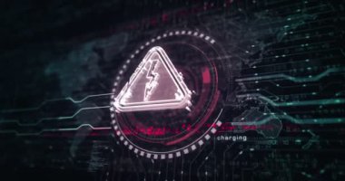 Elektrik enerjisi tehlike uyarısı ve enerji sembolü soyut dijital kavram. Küresel ağ ve siber teknoloji arkaplanı pürüzsüz ve döngülü 3D animasyon.