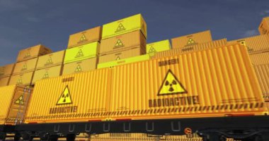 Yük vagonlarında radyoaktif atık ve nükleer konteynırlar. Demiryolu tren taşımacılığı ve atom enerjisi sembollü nakliyat. 3B döngü ve kusursuz canlandırma.