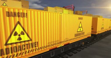Yük vagonlarında radyoaktif atık ve nükleer konteynırlar. Demiryolu tren taşımacılığı ve atom enerjisi sembollü nakliyat. 3B döngü ve kusursuz canlandırma.