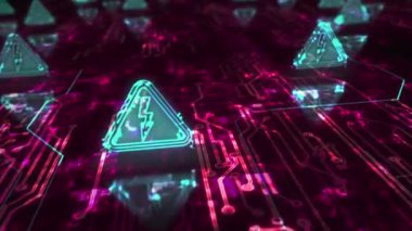 Elektrik enerjisi tehlike uyarısı ve enerji sembolü soyut siber kavram. Dijital teknoloji ve bilgisayar arkaplanı pürüzsüz ve döngülü 3D animasyon.