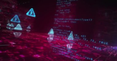 Elektrik enerjisi tehlike uyarısı ve enerji sembolü soyut siber kavram. Dijital teknoloji arka planı pürüzsüz ve döngüsel dinamik 3D animasyon.