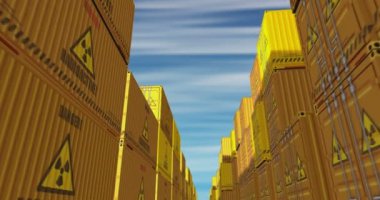 Radyoaktif atık ve nükleer kargo konteynırları sorunsuz ve geri dönüşümlü iş konseptinde. Atomik enerji sembolü endüstriyel nakliye kutusu 3D döngü.