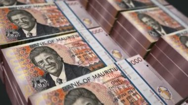 Mauritius para paketi 3D animasyon. Döngüsüz finans, nakit, ekonomi, iş ve banka kavramı. Kamera 1000 MUR 'dan fazla banknot destesini taşıyor.