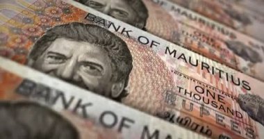 Mauritius para banknot döngüsü. 1000 milyon avroluk para dokusu. Ekonomi, iş, kriz, bankacılık, durgunluk, borç ve finans kavramı. Dikdörtgen 3D nota üzerinde hareket.
