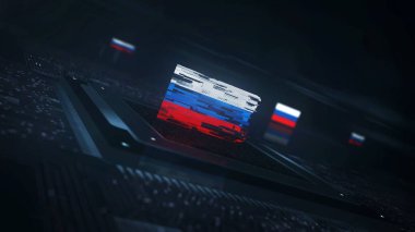 Russia digital technology flag cyber on on computer CPU in background. Russian Federation banner cyberattack and espionage concept illustration. clipart