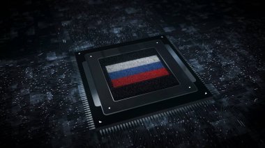 Arkadaki bilgisayar işlemcisinde Rusya dijital teknoloji bayrağı siberi var. Rusya Federasyonu pankartı siber saldırı ve casusluk konsepti çizimi.