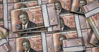 Mauritius para banknotları 3D animasyon. 1000 MUR 'luk enflasyon, ekonomi, kriz, iş, bankacılık, borç ve finans kavramı.