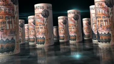 Mauritius para ruloları 3D döngüsü. Para masanın üstünde. Kusursuz ve soyut ekonomi, finans ve iş kavramı. 1000 MUR 'luk banknotlar arası kamera..