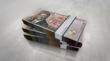 Mauritius para yığını. Ekonomi, bankacılık, iş, kriz, durgunluk, borç ve finans konularının kavramı. 1000 MUR 'luk banknotlar 3D.