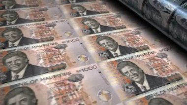 Mauritius para banknotları basım makinesi döngüsü. Kağıt 1000 MUR banknot baskısı 3D döngü kusursuz. Soyut bankacılık, finans, ekonomi ve kriz kavramı.
