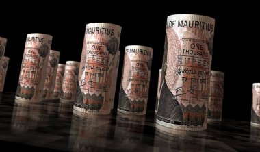 Mauritius 'un para rupileri 3D çizim yaptı. 1000 MUR 'luk banknot ruloları. Maliye, nakit, ekonomi krizi, iş başarısı, durgunluk, banka, vergi ve borç kavramı.