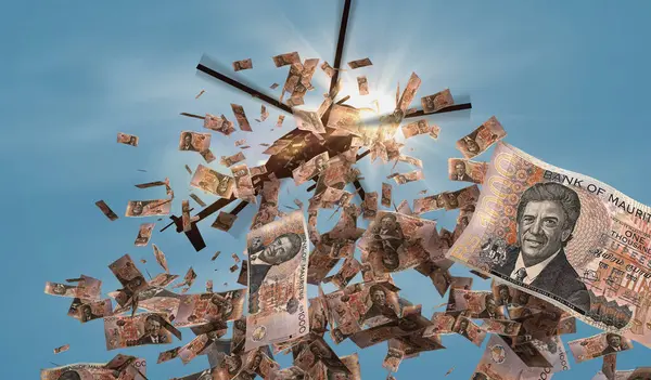 Stock image Mauritius rupee banknotes helicopter money dropping. MUR 1000 notes abstract 3d concept of inflation, money printing, finance, economy, crisis and quantitative easing illustration.