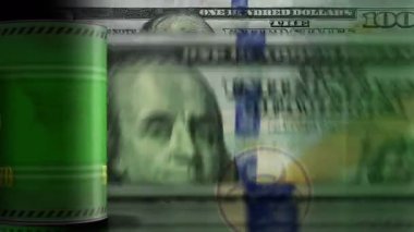Biyolojik atık varilleri ABD Doları para banknotları üzerinde kusursuz ve döngüsel konsepti de sayarak. Tıbbi toksik madde madde endüstriyel iş döngüsü geçmişi.