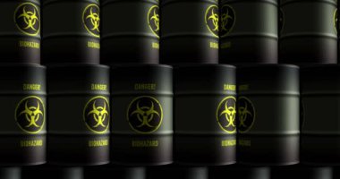 Biyolojik atık varilleri düzgün ve döngüsel konseptte. Tıbbi zehirli madde endüstriyel konteynırlar.