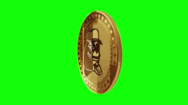 Poznan, Polonya, 21 Ağustos 2024: Pepe kripto para birimi yeşil ekran döngülü arka planda altın madeni parayı izole etti. Dönen altın metal döngüsü soyut kavram. 3B döngü sorunsuz.