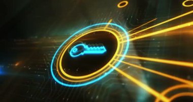 Sanal güvenlik ve gizlilik koruması, anahtar sembollü dijital konsept. Siber teknoloji ve bilgisayar ağı arkaplanı soyut 3d canlandırması.