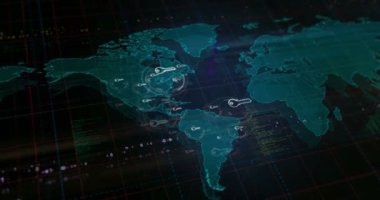 Dünya haritasında anahtar sembollü siber güvenlik ve gizlilik koruması. Kusursuz döngülü teknoloji kavramı.