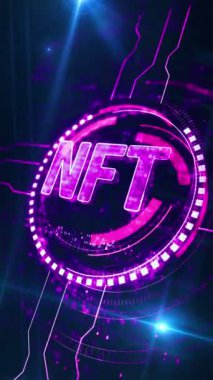 Dikey video: NFT karşılanamayan sembolik kripto sanat eserleri yatırım sembolü dijital konsept. Ağ, siber teknoloji ve bilgisayar arkaplanı soyut 3D kusursuz ve çevrilebilir.