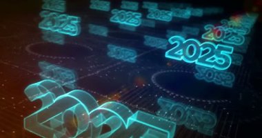 2025 yıllık fütürist yeni neon sembolü soyut siber konsept. Dijital teknoloji ve bilgisayar arkaplanı pürüzsüz ve döngülü 3D animasyon.