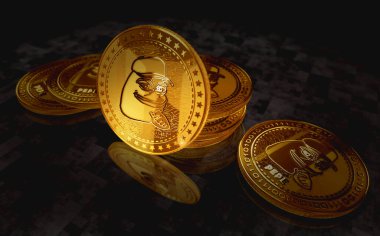 Poznan, Polonya, 21 Ağustos 2024: Pepe kripto para birimi yeşil ekran arka planında altın para. Soyut konsept 3d illüstrasyon.