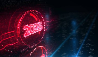 2025 yıllık fütürist yeni neon sembolü dijital konsept. Ağ, siber teknoloji ve bilgisayar arkaplanı soyut 3D resimleme.