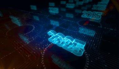 2025 yıllık fütürist yeni neon sembolü dijital konsept. Ağ, siber teknoloji ve bilgisayar arkaplanı soyut 3D resimleme.