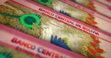Bolivya parası Bolivya Boliviano banknot döngüsü. 100 bob para dokusu. Ekonomi, iş, kriz, bankacılık, durgunluk, borç ve finans kavramı. Dikdörtgen 3D nota üzerinde hareket.