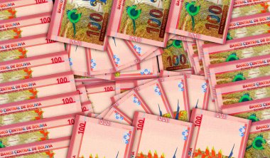 Bolivya Boliviano nakit hayran mozaiği şeklinde banknotlar. Bolivya Bob 'u. 100 dolar. Soyut banka, finans, ekonomi dekoratif tasarım konsepti 3d illüstrasyon.