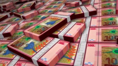 Bolivya parası Bolivya Boliviano banknot para döngüsü. 100 bob para yığını. İş, ekonomi, bankacılık ve finans kavramı. Kamera nakit paketleri üzerinde döngü olmayan 3D.