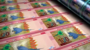 Bolivya parası Bolivya Boliviano para basma makinesi döngüsü. Kağıt 100 BOB banknot baskısı 3D döngü kusursuz. Soyut bankacılık, finans, ekonomi ve kriz kavramı.