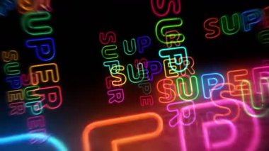 Süper neon sembolü. Renkli ampuller. En iyi satış tanıtımı soyut, kusursuz ve döngüsel konsepttir. 3D tünel animasyonunda uçuyor..