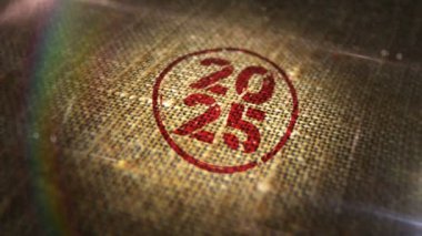 Doğal keten çuvalında 2025 yıllık işaret damgası. Yıl 25, 3 boyutlu tasarım soyut kavram. Döngüsüz ve kusursuz animasyon.