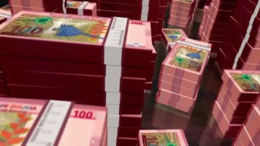 Bolivya parası Bolivya Boliviano 'nun para paketlerinin döngüsü. 3D uçuş 100 'den fazla BOB banknotları kuleleri istifler. Döngüsüz, soyut iş dünyası, ekonomi krizi ve finans kavramı.