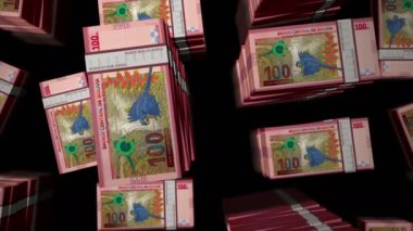 Bolivya parası Bolivya Boliviano 'nun para paketlerinin döngüsü. 3D uçuş 100 'den fazla BOB banknotları kuleleri istifler. Döngüsüz, soyut iş dünyası, ekonomi krizi ve finans kavramı.