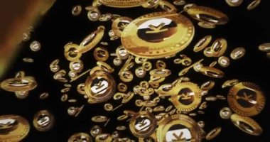 Poznan, Polonya, 1 Ağustos 2024: Kaspa KAS kripto para birimi altın sikkeler arasında izole uçuş. Dönen altın metal sikkeler döngü konsept deseni. Döngüsüz 3d.