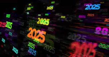 2025 yıllık teknoloji döngüsü konsepti. Arızalı ekranlardaki soyut imza pürüzsüz ve döngülü.