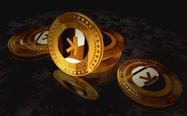 Poznan, Polonya, 1 Eylül 2024: Kaspa KAS şifreleme para birimi yeşil ekran arka planda. Soyut konsept 3d illüstrasyon.