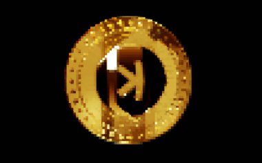 Poznan, Polonya, 1 Eylül 2024: Kaspa KAS şifreleme altın sikkesi retro piksel mozaik 80 'ler tarzı. Dönen altın metal soyut konsept 3D illüstrasyon.